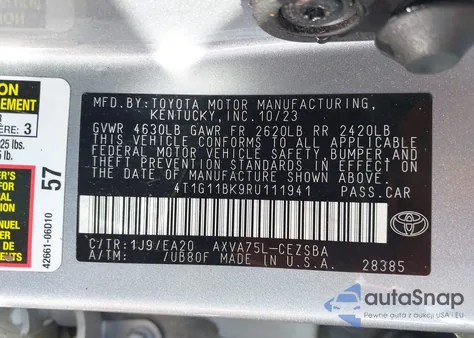 2024 Toyota Camry Se Night Shade/Se from USA, damaged, VIN 4T1G11BK9RU111941